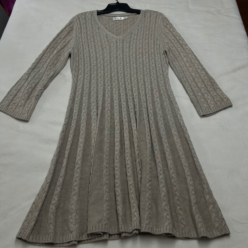 Eliza J Womens Taupe Grey Cable Knit V-Neck A-Line Sweater Dress XL